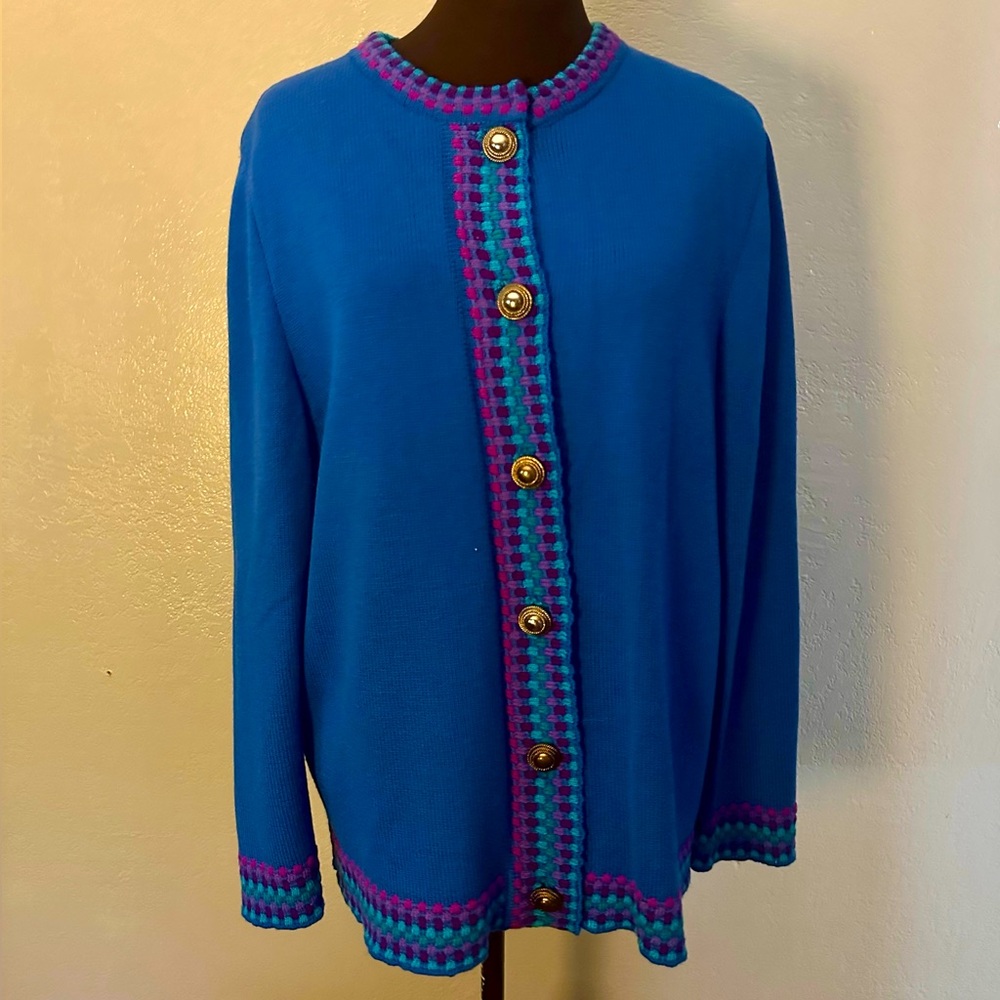 Vintage 1990s Castlebrook Bright Blue Cardigan with Gold Buttons L/XL